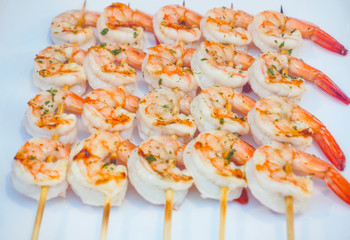 Grilled prawns skewer with spicy delicious seafood.Appetizer meal