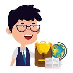 happy student boy with schoolbag and world map