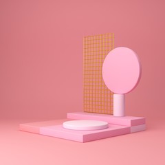 3d rendering, trendy shapes, abstract geometric background, minimal corner podium, modern mock up, product, blank template, pink and gold forms, empty showcase, shop display, pastel color. Colorful.