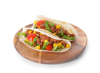 Plate with tasty fresh tacos on white background
