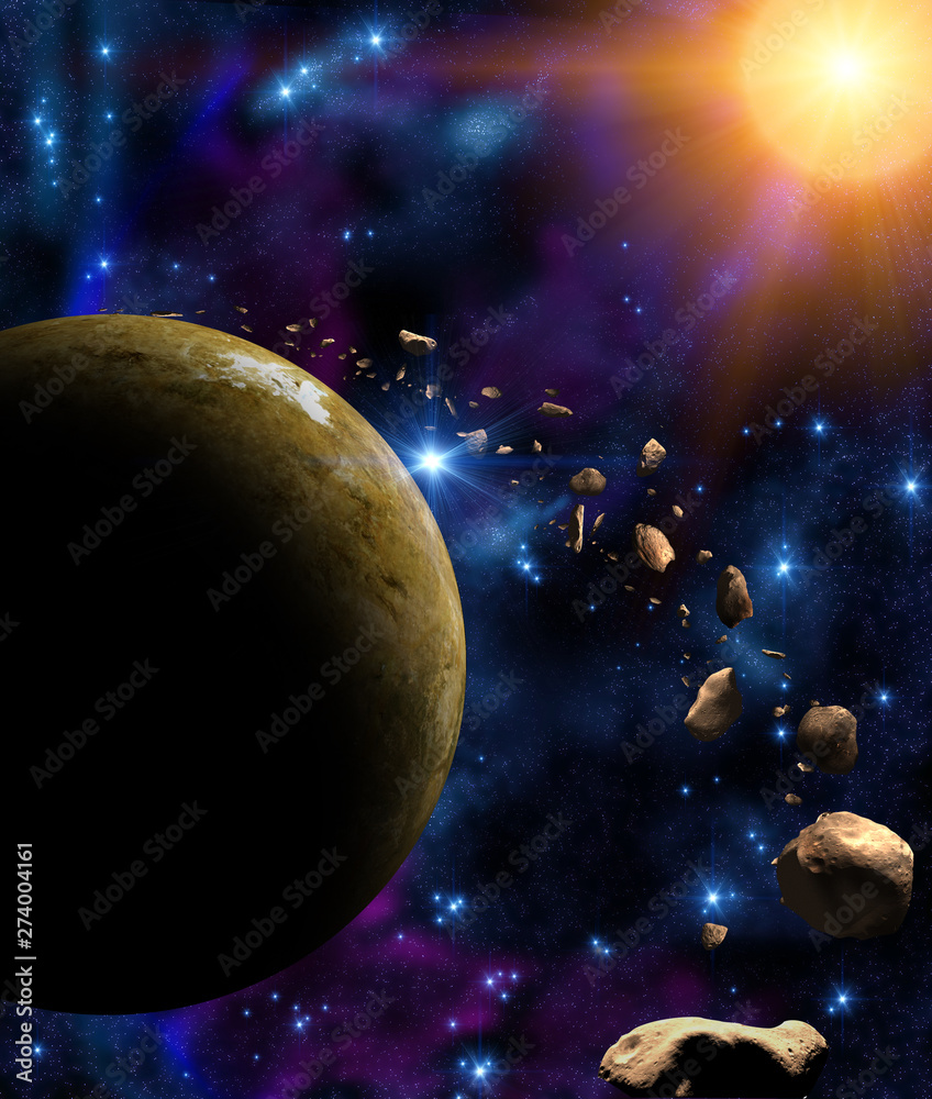 Wall mural exoplanets and asteroids in deep space with stars. elements of this image furnished by nasa