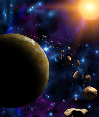 Exoplanets and asteroids in deep space with stars. Elements of this image furnished by NASA