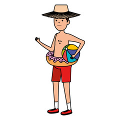 young man with donut float and balloon beach