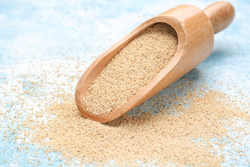 Scoop with white poppy seeds on color background, closeup