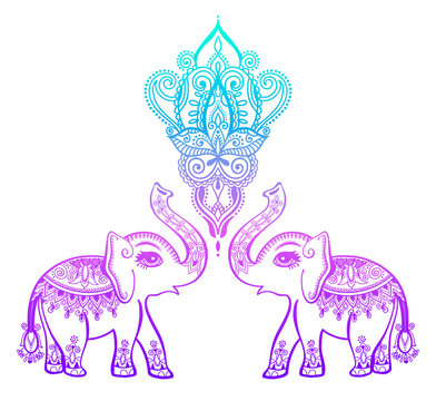 indian floral pattern with elephant, henna mehndi tattoo design