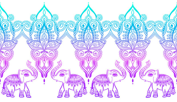 indian floral pattern with elephant, henna mehndi tattoo design