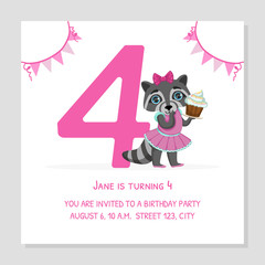 Happy Birthday 4 Years Banner Template, Birthday Anniversary Number with Cute Raccoon Girl Animal, Bright Festive Vector Illustration