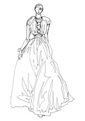 Fashion women illustration in long dress. Fashion illustration silhouette of model in line sketching. Hand drawn young model art. Woman in long dress with pleats in black ink lines illustration 