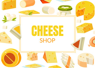 Cheese Shop Banner Template, Natural Dairy Products, Advertising Different Types of Cheese Vector Illustration
