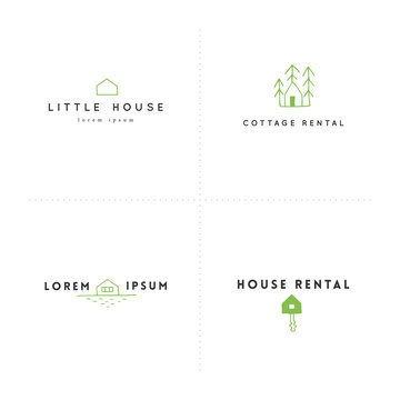 Set of vector hand drawn logo templates in colour for real estate companies. House rental theme.