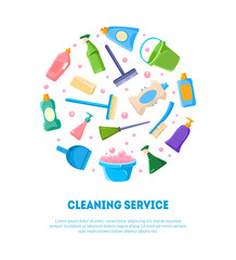 Cleaning Service Banner Template, Various Cleaning Tools and Detergents Products in Circular Shape Vector Illustration