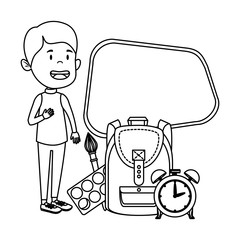 happy student boy with chalkboard and alarm clock