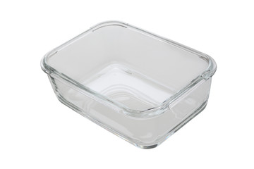 empty glass baking pan on white background