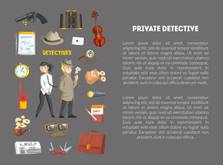 Private Detective Banner Template with Place for Text, Detective Agency, Crime Investigation, Investigators With Equipment at Work Vector Illustration