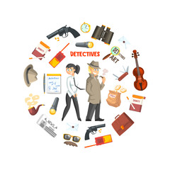 Private Detective Banner Template, Detective Agency, Crime Investigation, Investigators With Equipment in Circular Shape Vector Illustration