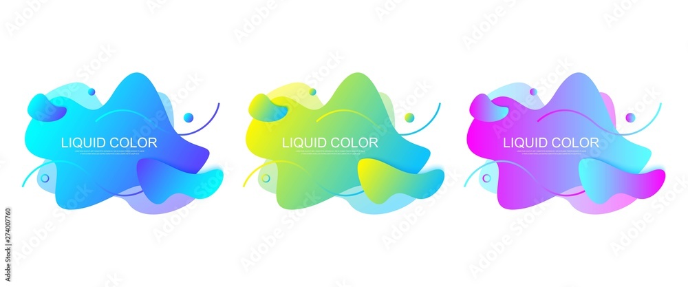 Poster Set of modern graphic design elements in shape of fluid blobs with geometric lines. Gradient blue and green, red and violet geometrical shapes. Liquid stain with dynamic color for flyer, presentation.
