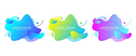 Set of modern graphic design elements in shape of fluid blobs with geometric lines. Gradient blue and green, red and violet geometrical shapes. Liquid stain with dynamic color for flyer, presentation.