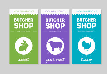 Butcher Shop Packaging Labels Set, Rabbit, Fresh Meat, Turkey Vector Illustration