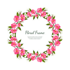 Fototapeta na wymiar Pink Flowers Round Frame Card Template with Blooming Flowers, Elegant Floral Banner, Poster, Wedding Invitation, Greeting Card Vector Illustration