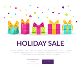 Fototapeta na wymiar Holiday Sale Banner, Landing Page Template with Colorful Gift Boxes Vector Illustration