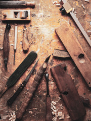 Hand tools Wood on an old wooden workbench