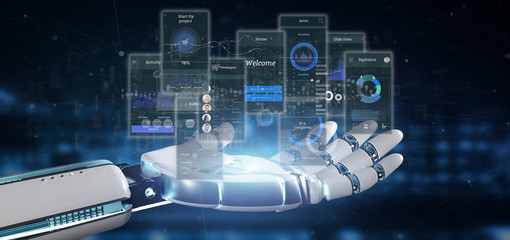 Cyborg hand holding User interface screens with icon, stats and data 3d rendering
