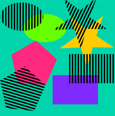 Overlay colorful spotty pattern of geometric shape, line and dot in trendy Memphis animation 80s-90s style