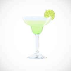 Vector illustration of glass of classic Margarita cocktail isolated on white background. Summer drink with slice of lime for party, design, bar, menu.