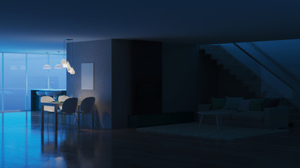 Obraz premium Modern house interior. Night. Evening lighting. 3D rendering.