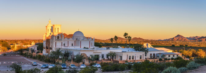 Panorama of San Xavier Mission Church in Tucson, Arizona, at sunrise