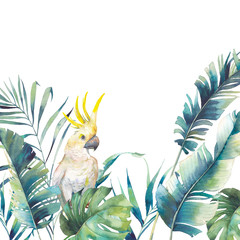 Watercolor greenery and big yellow cockatoo frame. Hand drawn greeting card design with exotic leaves, branches isolated on white background. Palm tree, banana leaves, mostera plants © ldinka