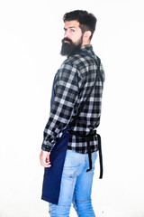 His long beard works well. Beard barber isolated on white. Man with long beard and moustache. Bearded man wearing barber apron. Hipster with stylish beard and mustache hair