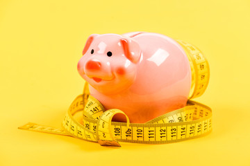 exigency. low pay. Saving money. Deposit. money diet. finance and commerce. piggy bank with measurement tape. Moneybox. loan concept. Take credit. Economy and budget increase
