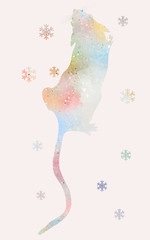 Abstract rat. View from above. Symbol of 2020 new year. Watercolor illustration on pale pink background with snowflakes.