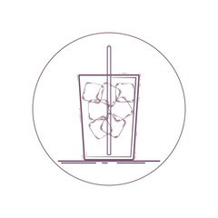 Vector icon of drink with ice cubes in a glass with straw. Line icon in circle. Isolated on white background.