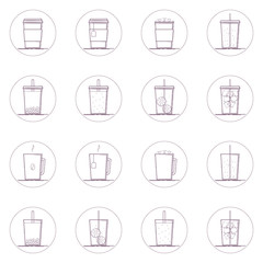 Vector set of beverage icons. Hot and cold drinks: coffee, tea, marshmallow cocoa, hot chocolate, bubble tea, lemonade, sparkling water, smoothie. Line icon in circle. Isolated on white background.
