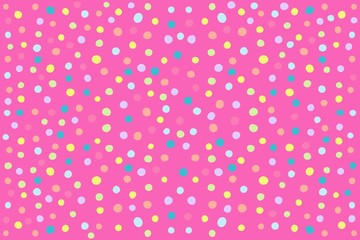 Abstract pink background with multicolor polka dots. Raster graphics.