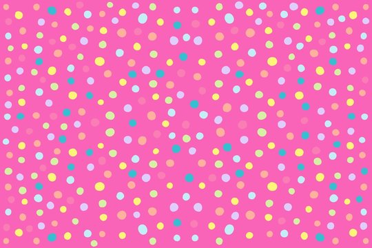 Abstract pink background with multicolor polka dots. Raster graphics.