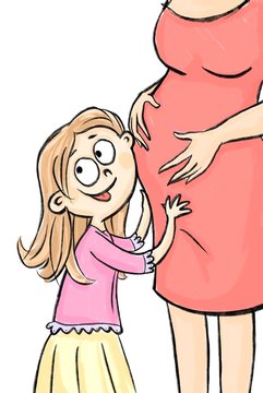Pregnant mother and her older daughter listening for a baby inside the mom&rsquo;s belly. Raster graphics. Isolated on a white background. 