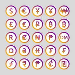set of icons for currency symbol countries in the world