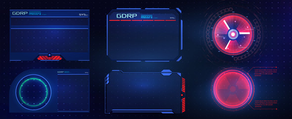 HUD UI GUI futuristic user interface screen elements set. High tech screen for video game. Sci-fi concept design. Vector abstract graphic design.Warning frame. Abstract tech design. Technology design