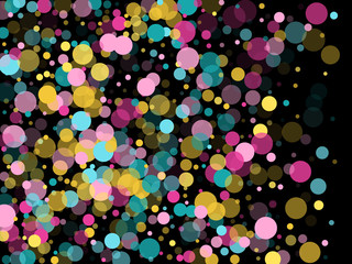 Memphis round confetti festive background in cyan blue, pink and yellow. Childish pattern vector.