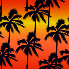 Fototapeta na wymiar Vector illustration of a hand drawn palm . Seamless vector pattern with tropical trees on an orange background.