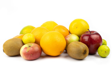 healthy fruits. orange, apple, kiwi on white background.