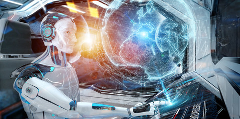 Robot in a control room flying a white modern spaceship with window view on space and digital Earth hologram 3D rendering © sdecoret