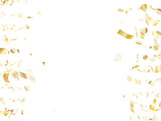 Holiday realistic gold confetti flying on black background.