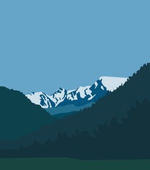 Beautiful cartoon landscape with a snowy mountain and the forest against turquoise clear sky. Winter rock picks, minimalism in nature