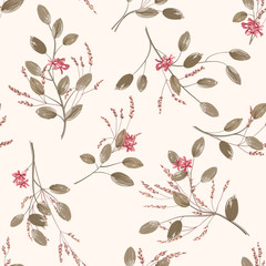 floral background with small tropical flowers and twigs with leaves