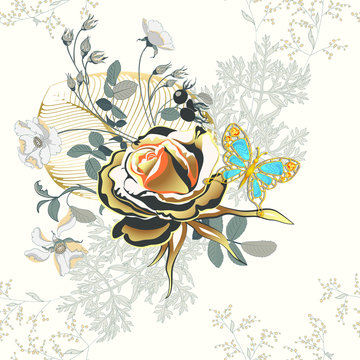 Flower Arrangement Golden Rose And Butterfly As Gold Jewelry.seamless Pattern