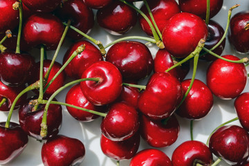 close-up of tasty and sweet organic farm cherries, top view. beautiful background of ripe cherry tree fruit